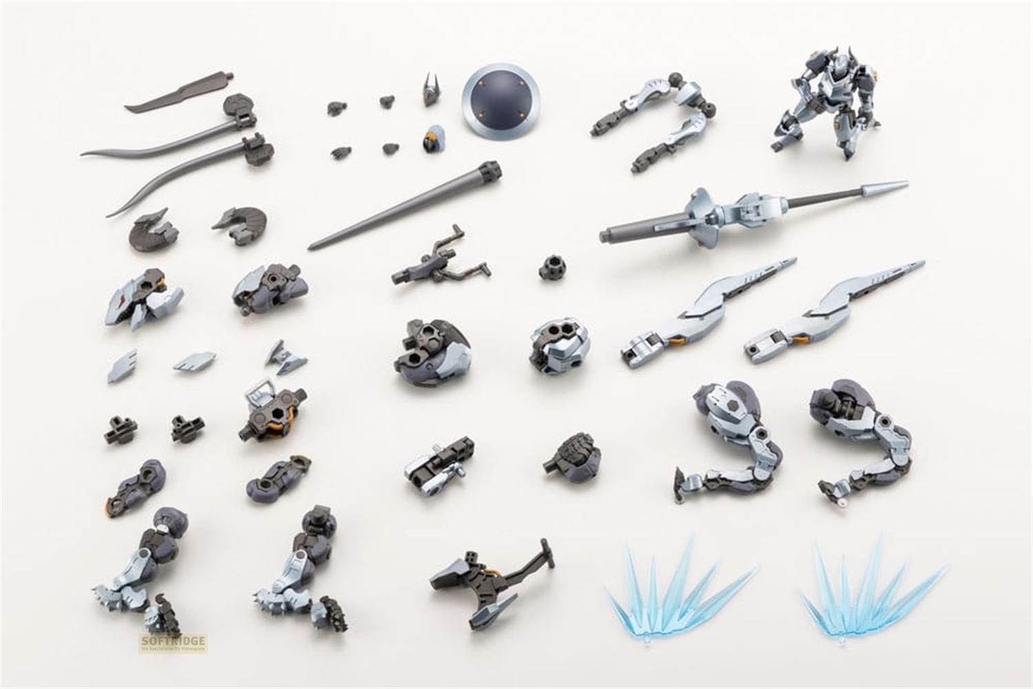 Modellbausatz-Teile für Roboter: Gliedmaßen, Waffen, Kopf und Schild.