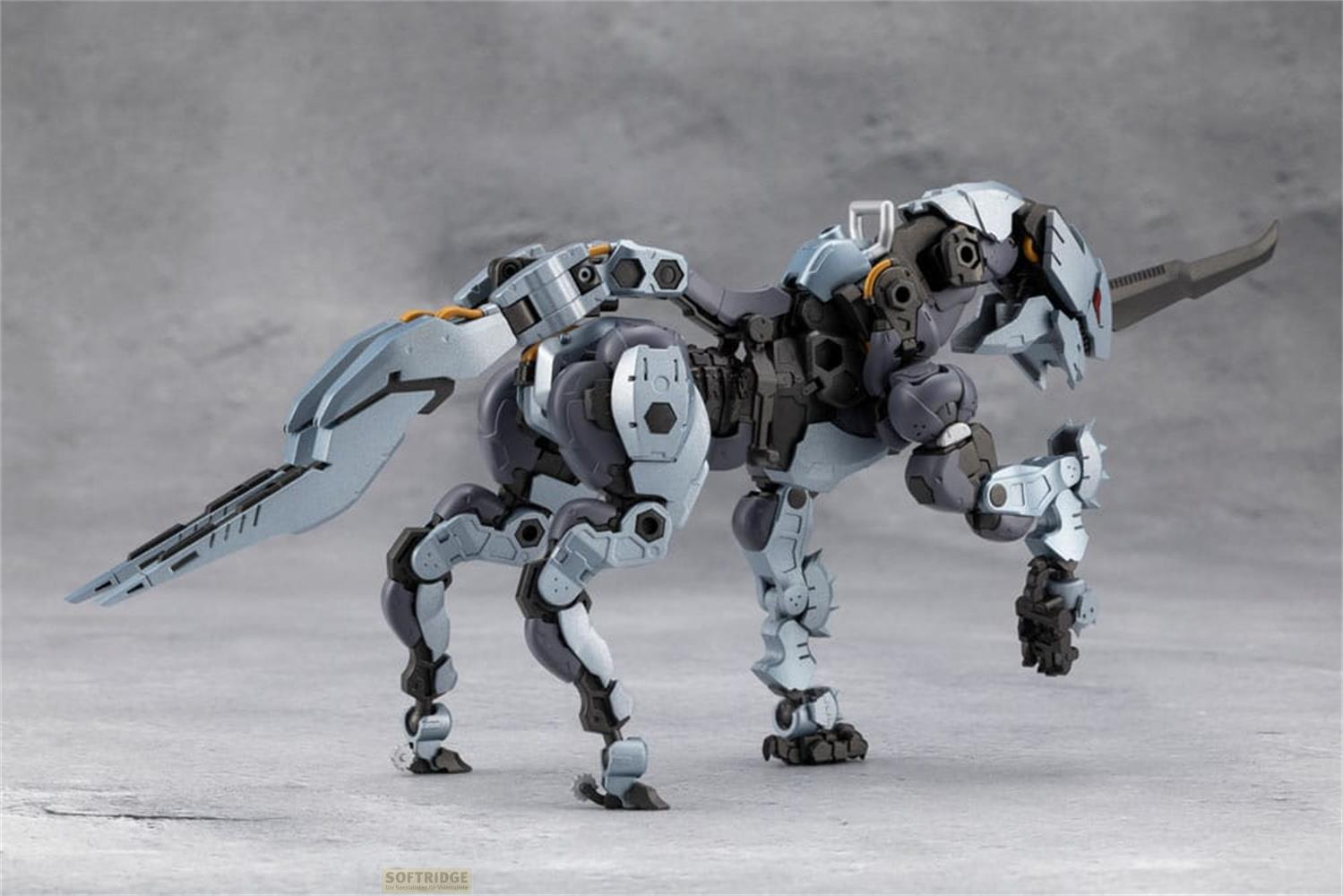 Ein mechanischer Hund mit grauem und blauem Körper, der auf einem grauen Untergrund steht.