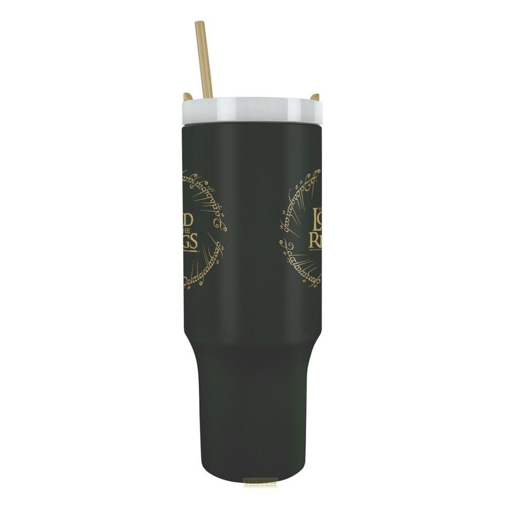 Vaso oscuro con pajita y inscripción dorada.