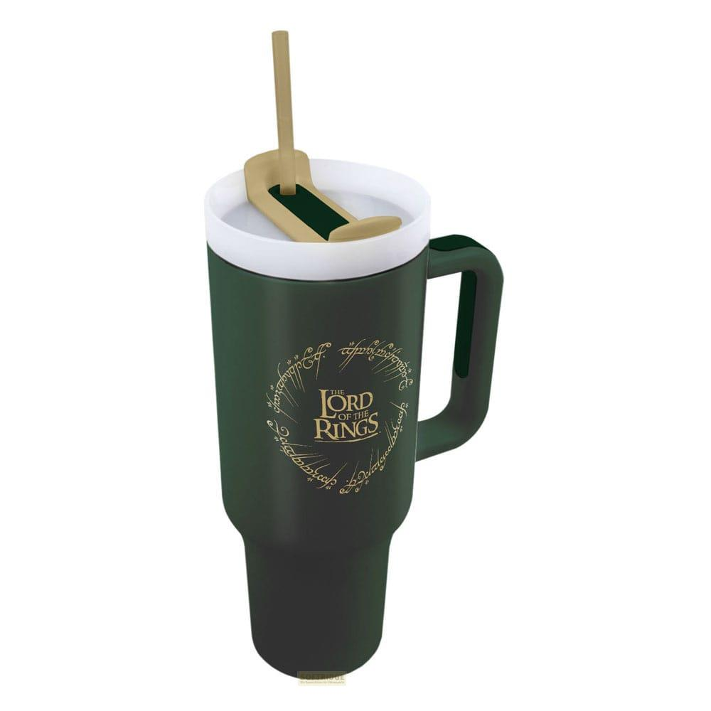 Taza verde oscura con asa y pajita, logo "El Señor de los Anillos".