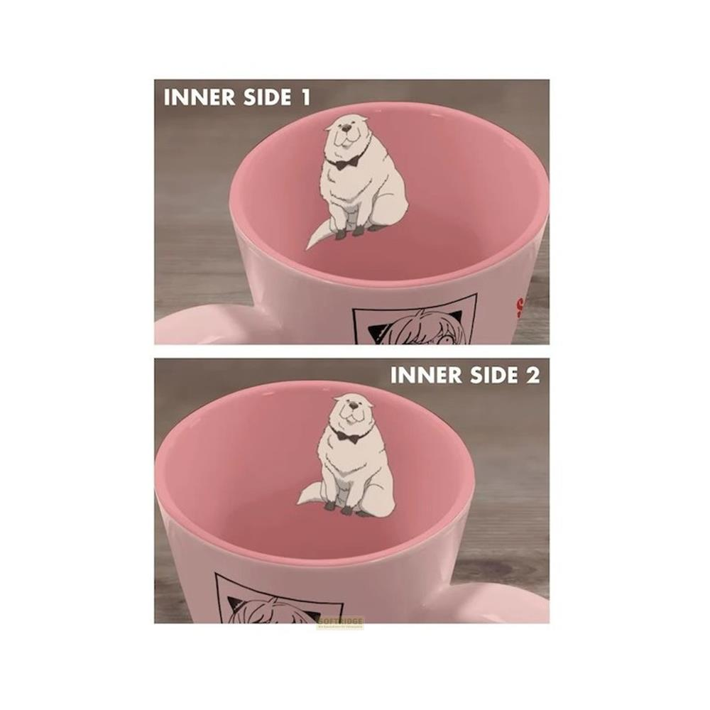 Un perro de dibujos animados blanco con pajarita dentro de una taza rosa.