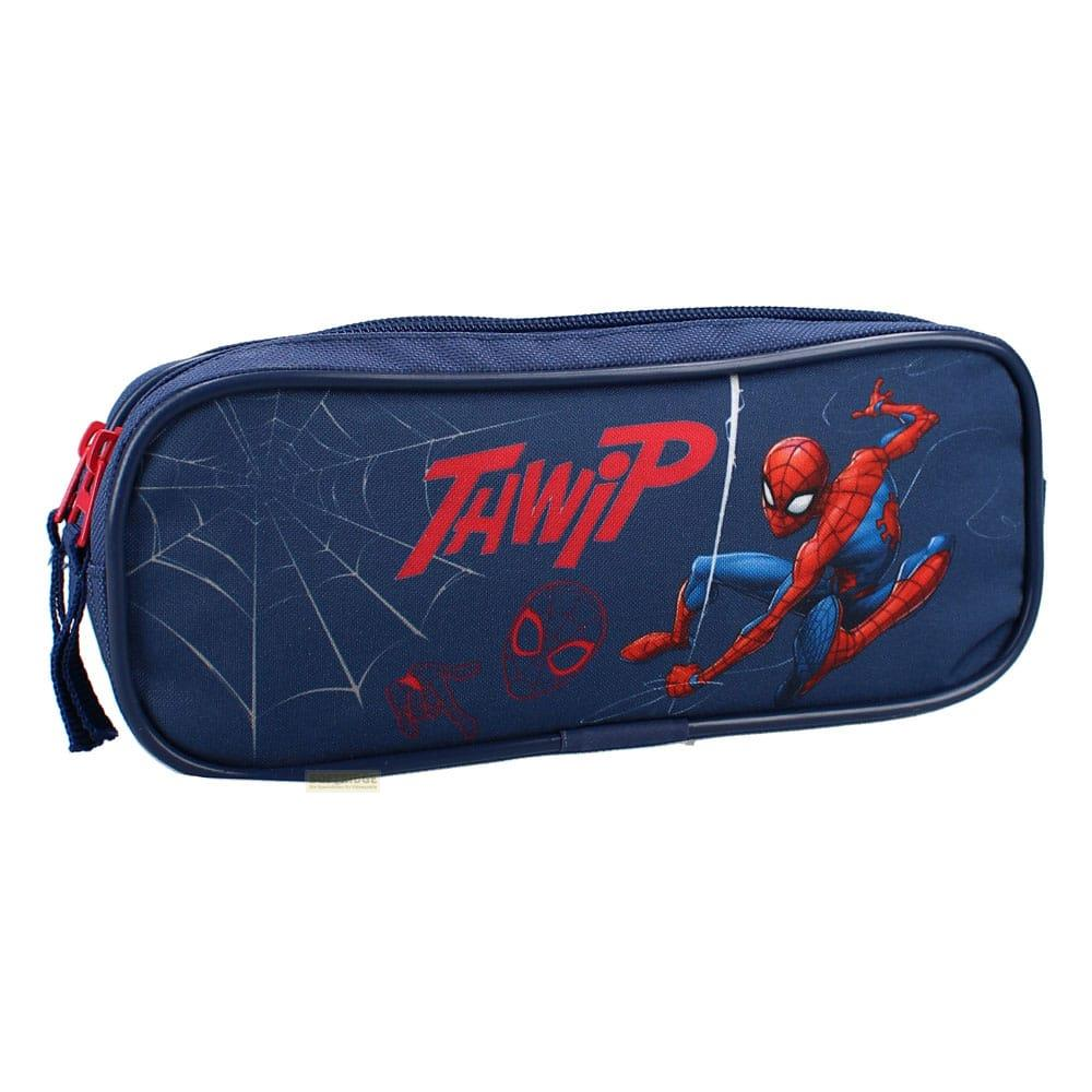 Estuche azul con gráfico de Spiderman y cremallera roja.