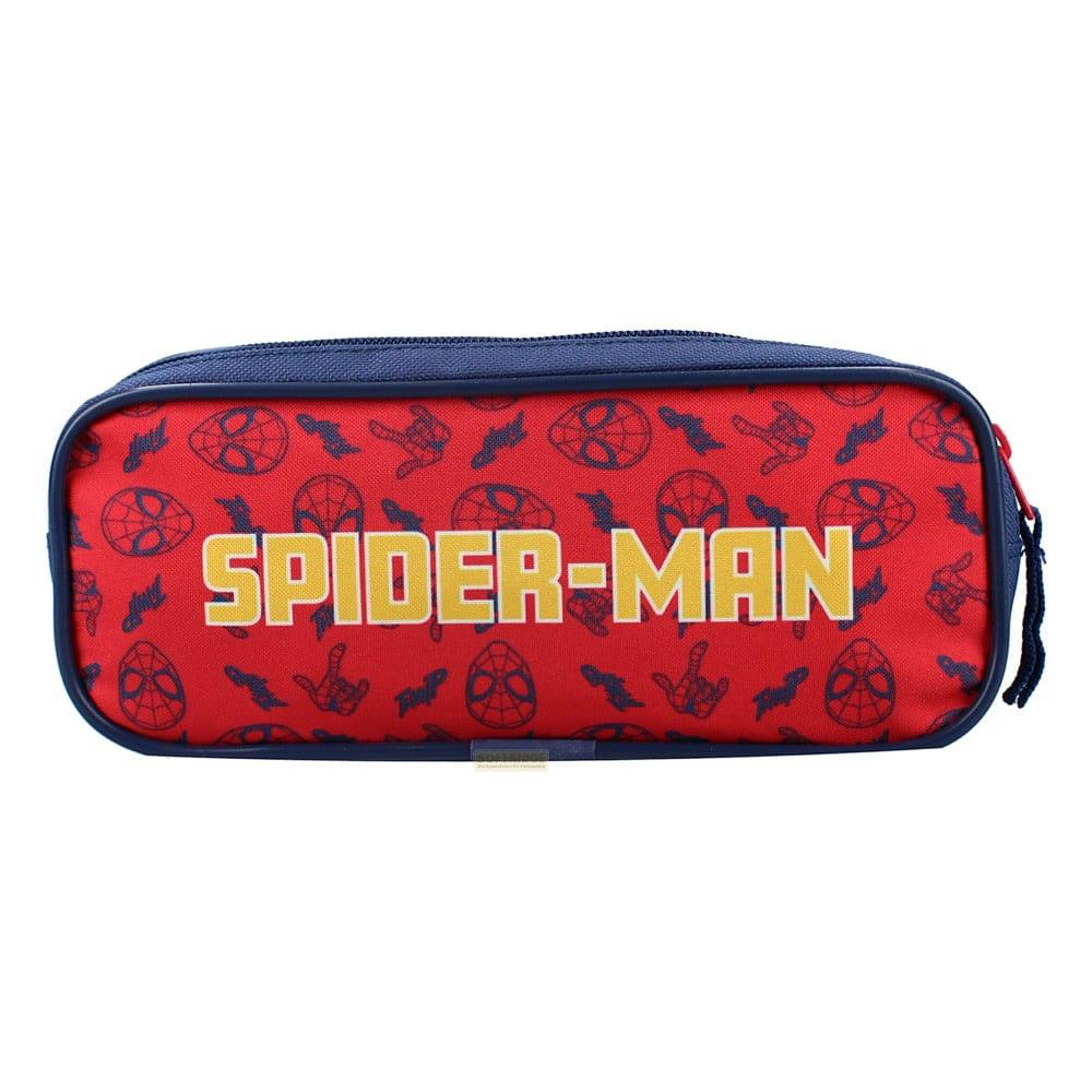 Estuche rojo con logo de Spider-Man y patrones.