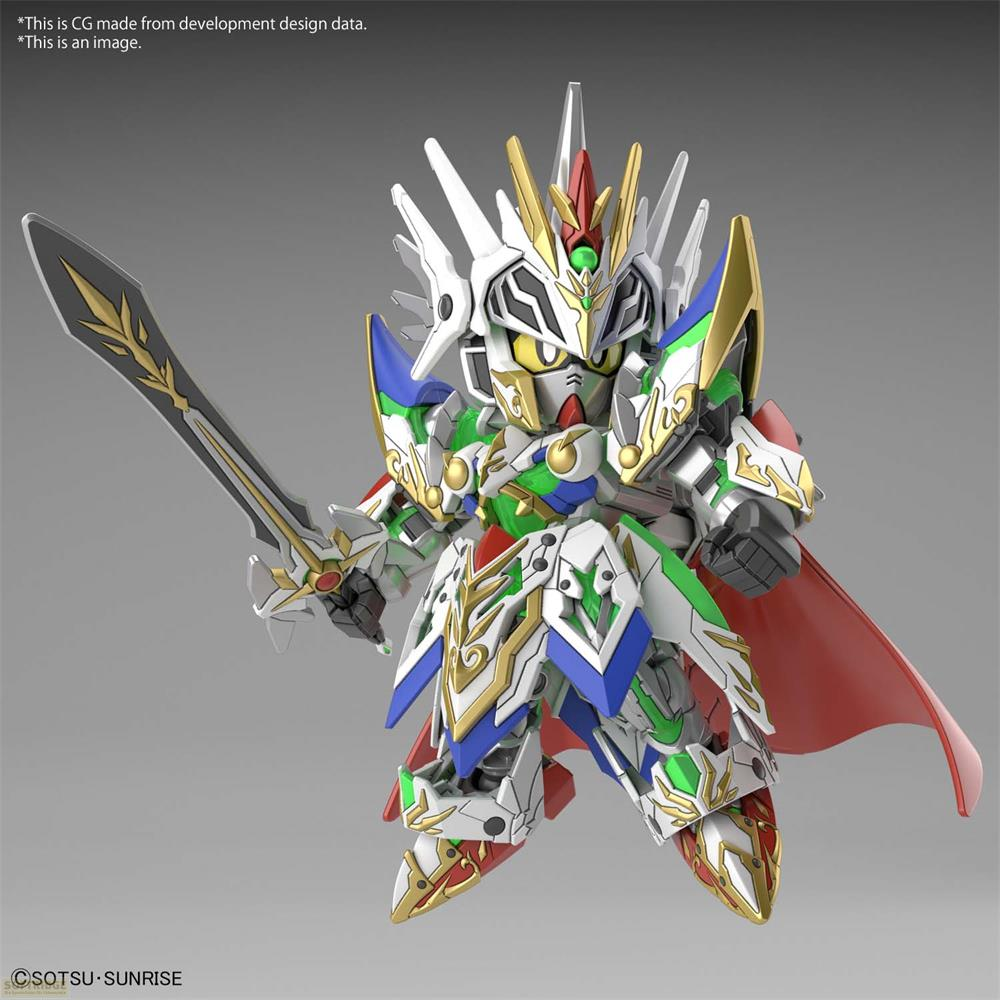 Ein detailreiches Samurai-Modell mit weißer, blauer, grüner und goldener Rüstung, hält ein Schwert.