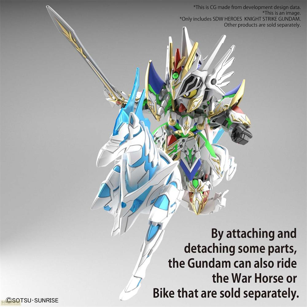 Ein Gundam-Modell mit weißem und blauem Kriegspferd. Der Gundam hält ein Schwert.