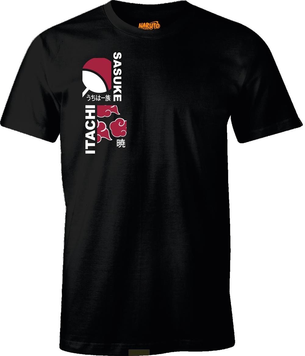 Ein schwarzes T-Shirt mit einem rot-weißen Design, das japanische Schriftzeichen, das Wort „SASUKE“ vertikal und „ITACHI“ zeigt.