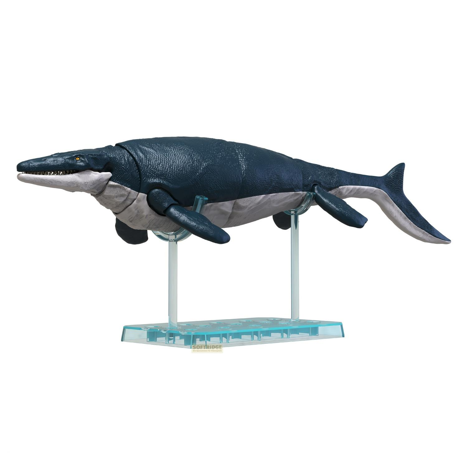 Ein dunkelblauer Mosasaurus-Actionfigur auf einem transparenten Ständer.