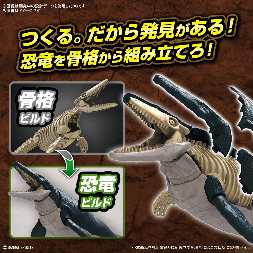 Ein Skelettmodell eines Dinosauriers, das zu einem vollständigen Modell zusammengesetzt wird.