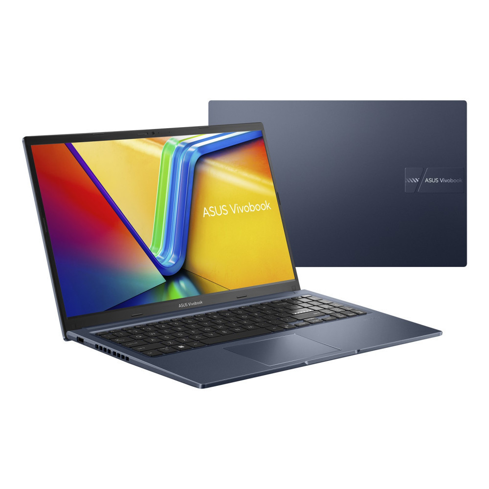 Niebieski laptop Asus Vivobook, otwarty z kolorową tapetą. Z tyłu znajduje się zamknięty laptop.