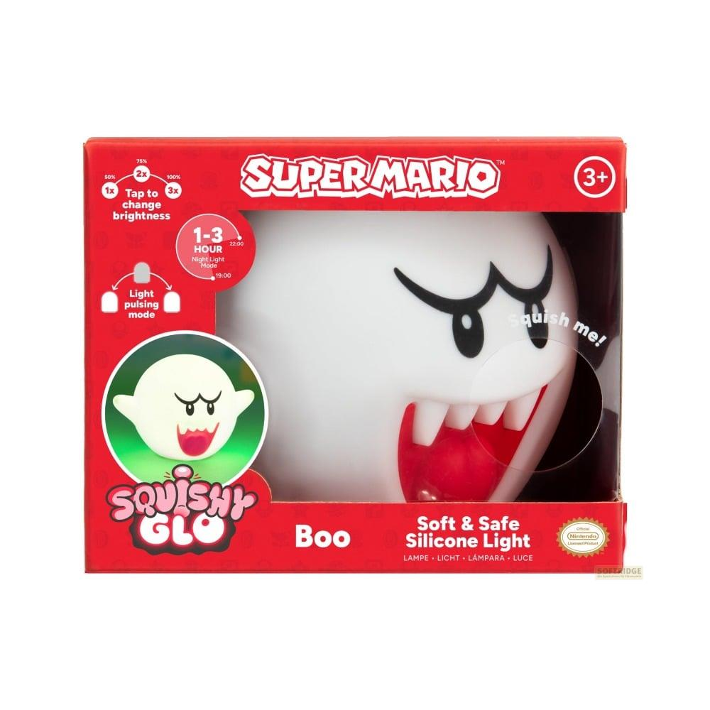 Lampa Super Mario Boo: Biały duch z czerwonymi ustami, świecący. Funkcje: Jasność, pulsowanie.