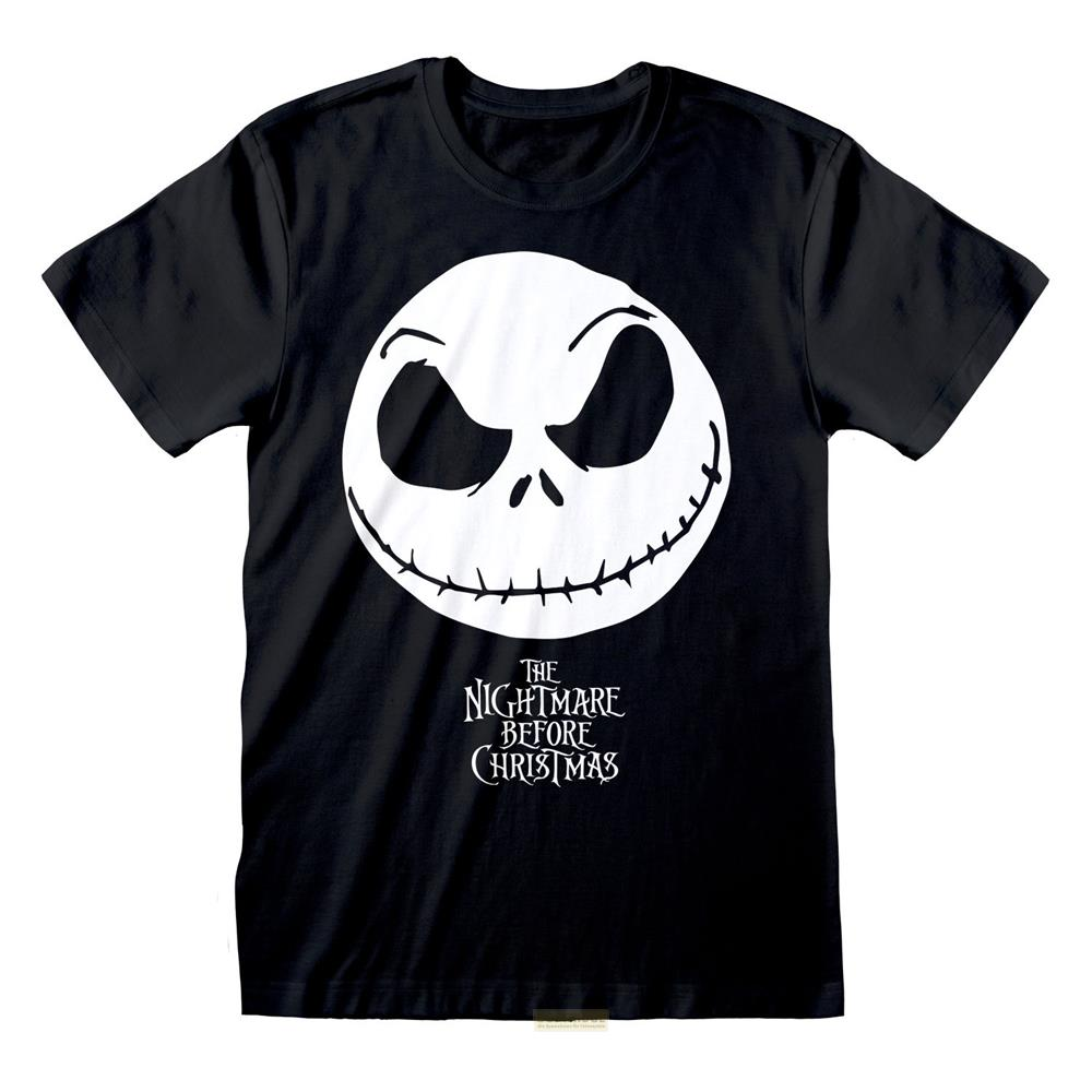 Schwarzes T-Shirt mit weißem Jack Skellington Gesicht und Titel.