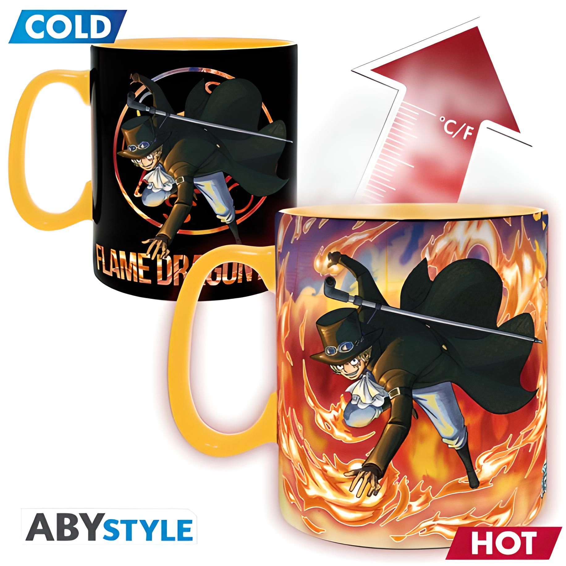 Una taza con un personaje de anime usando llamas. Efecto frío/caliente.