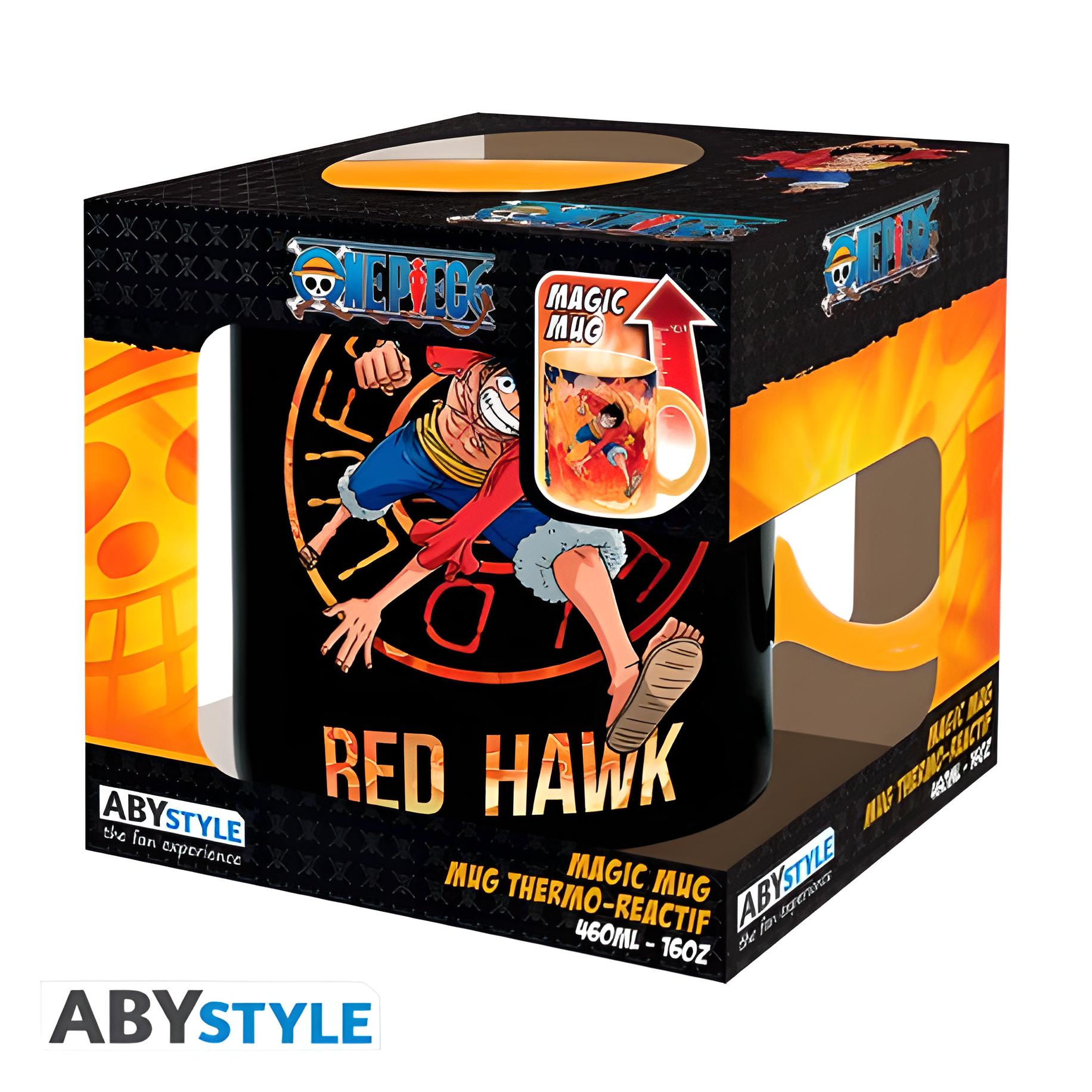Taza mágica One Piece con Luffy, roja y amarilla, en caja negra.