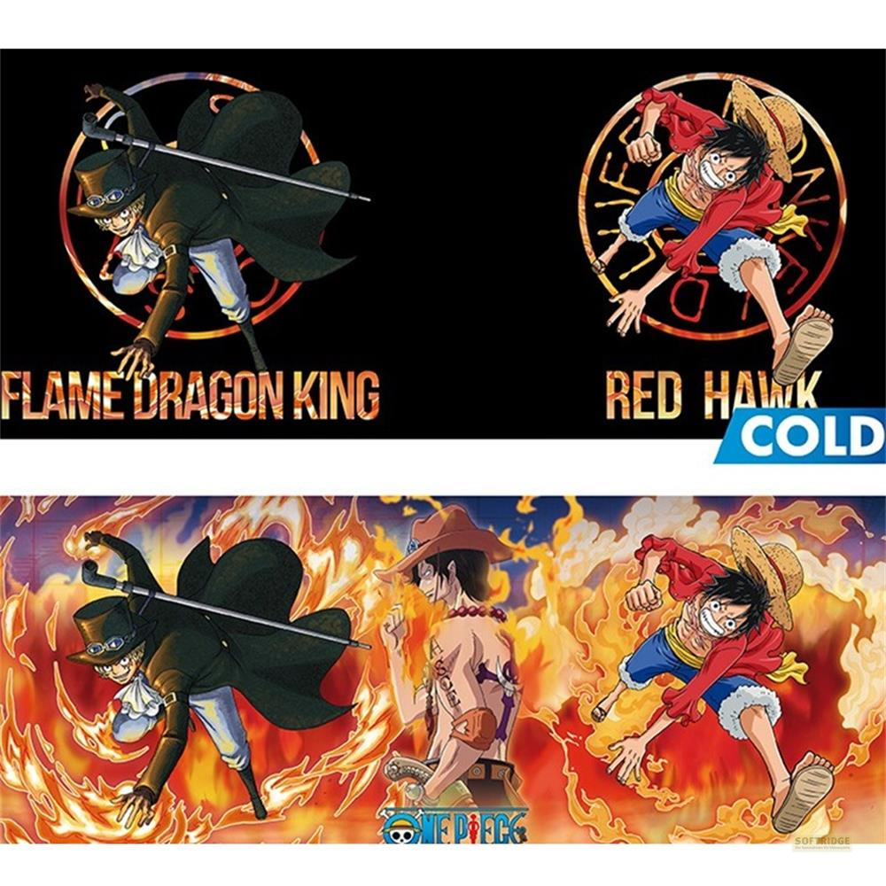 Cuatro personajes de anime, dos sobre fondo negro, dos sobre fondo de fuego.