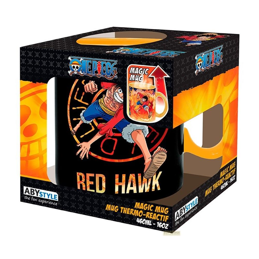 Embalaje de una taza mágica "Red Hawk" de One Piece con motivo de Luffy.
