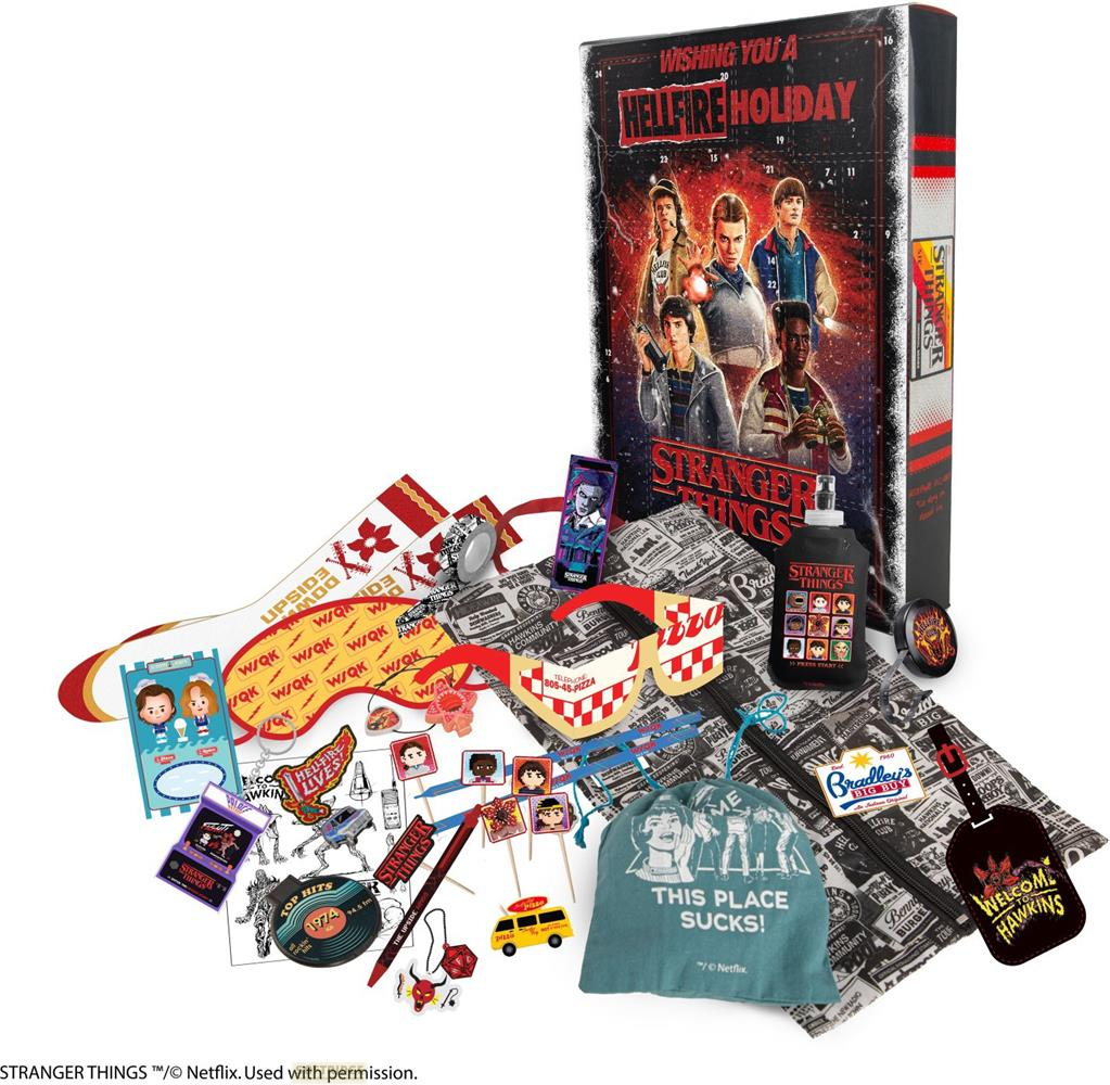 Calendario de adviento de Stranger Things con calcetines, pegatinas, chupachups, bolígrafo y más.
