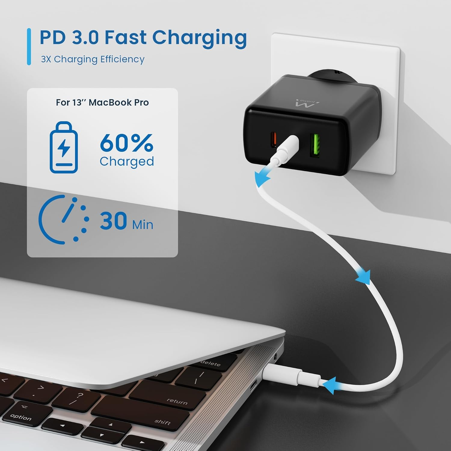 Un caricabatterie nero dual-USB si collega al muro, caricando un MacBook Pro.