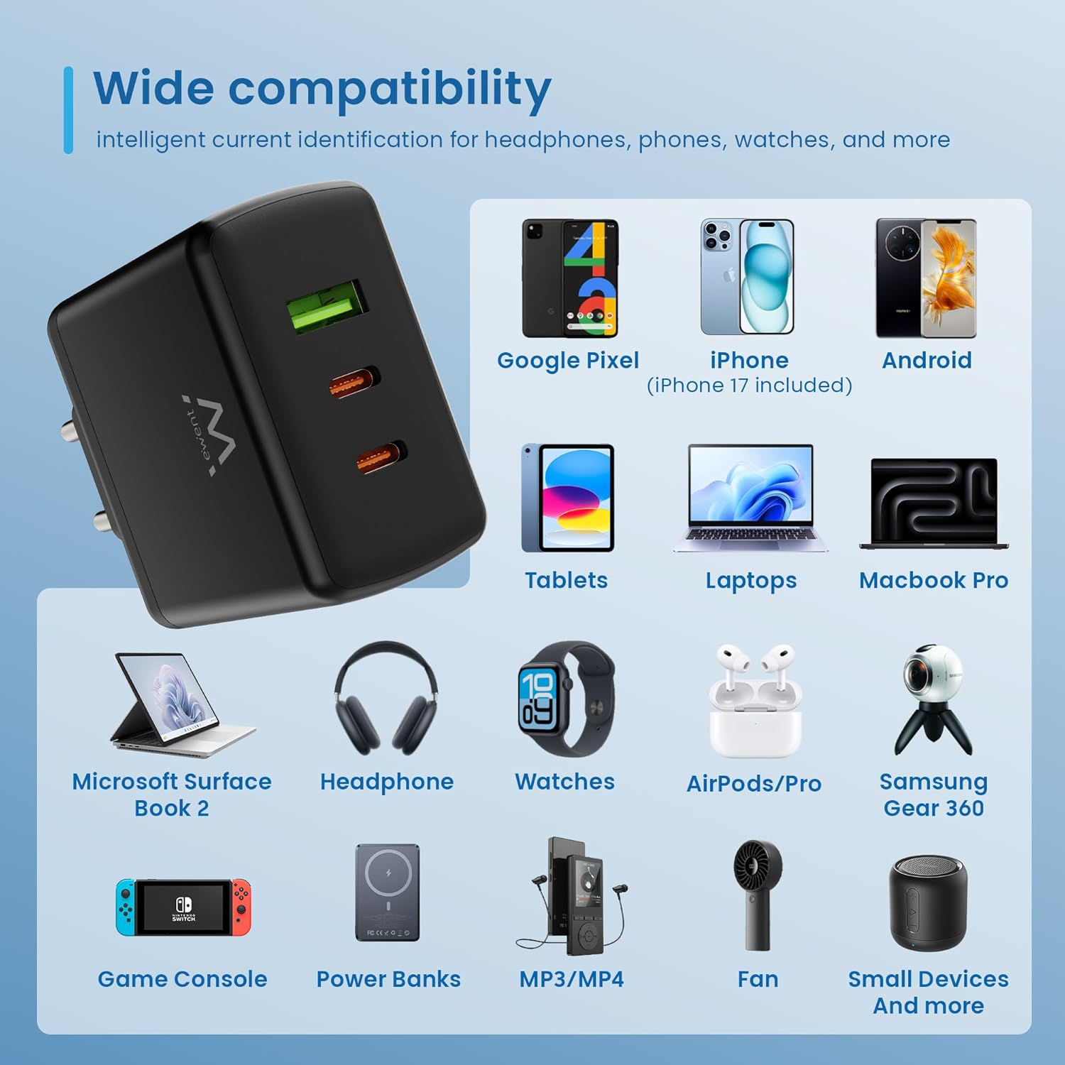 Caricatore nero multiport, compatibile con telefoni, tablet, laptop, orologi e altro.
