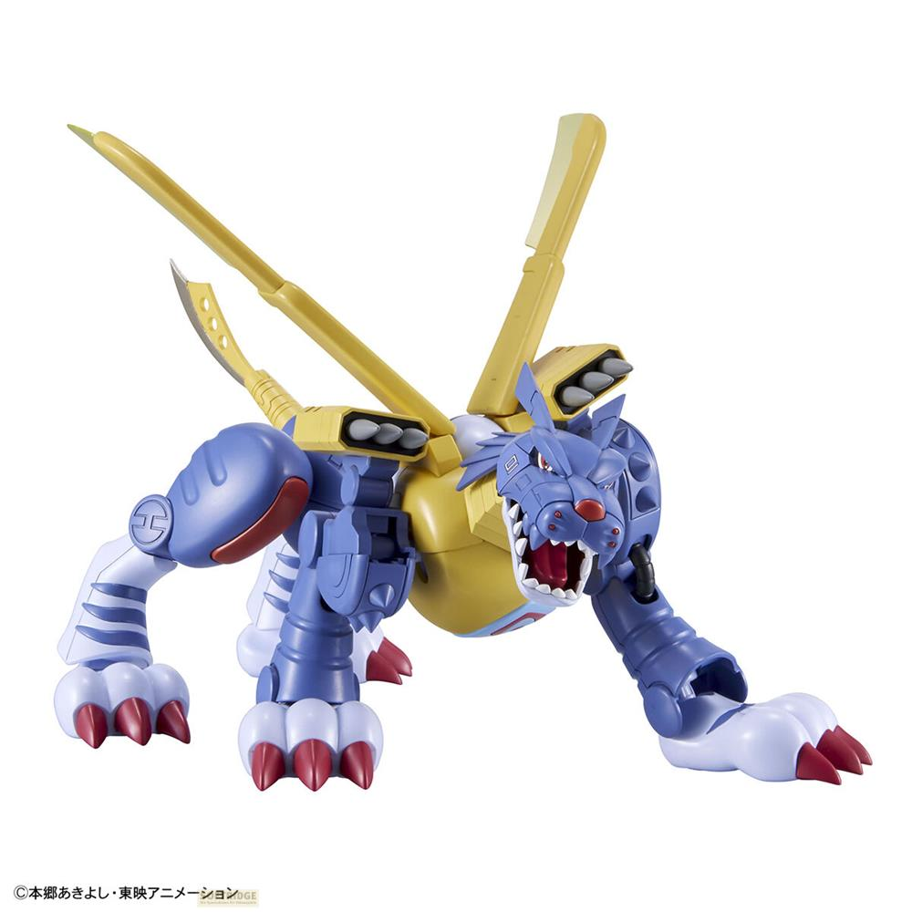 Ein blauer und gelber Cyborg-Wolf mit roten Klauen auf weißem Hintergrund.