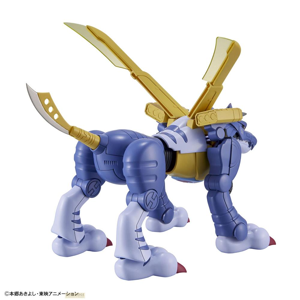 Ein blauer und goldener Roboter-Tiger mit Flügeln auf dem Rücken steht.