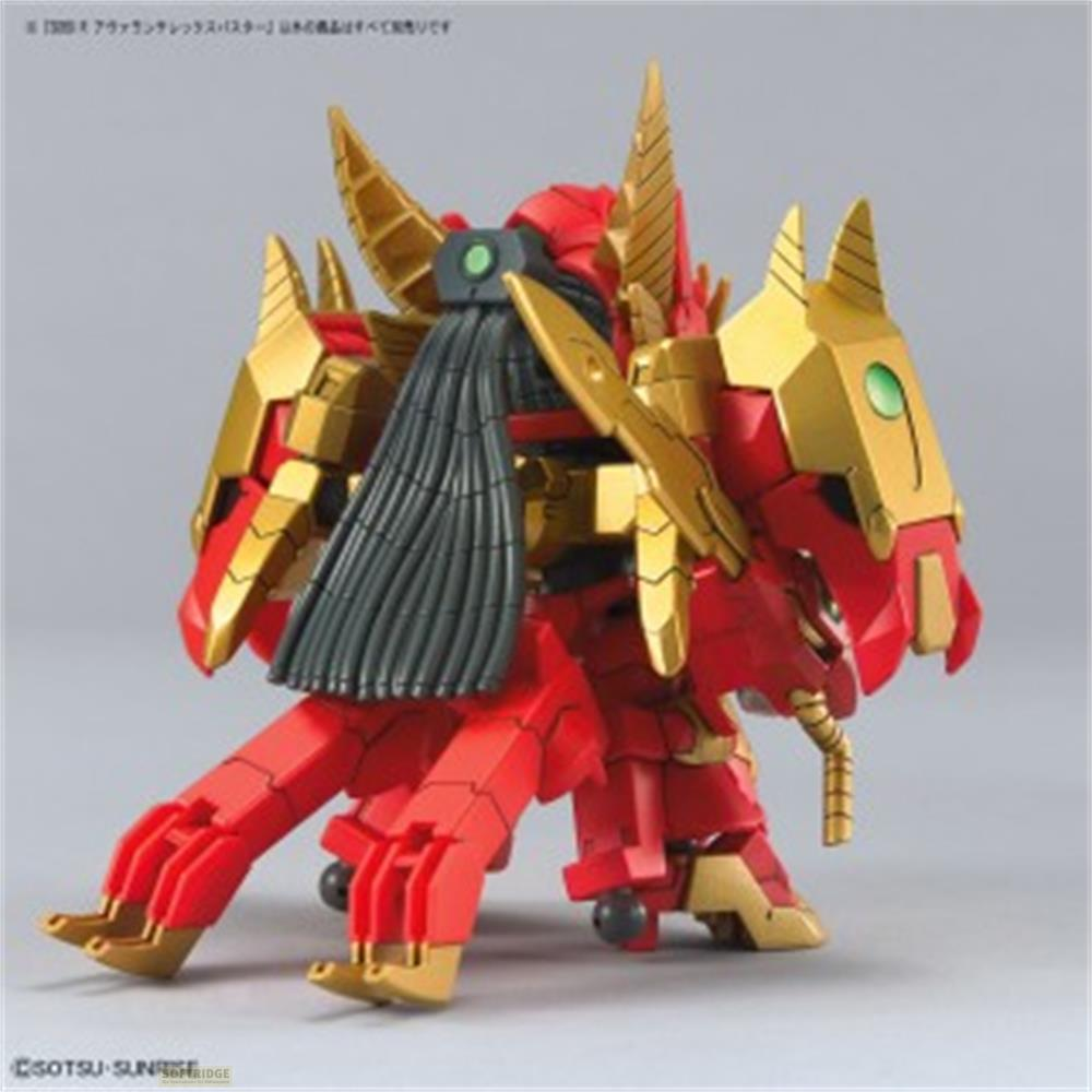 Ein roter und goldener mechanischer Drache mit schwarzen Haaren und grünen Augen.