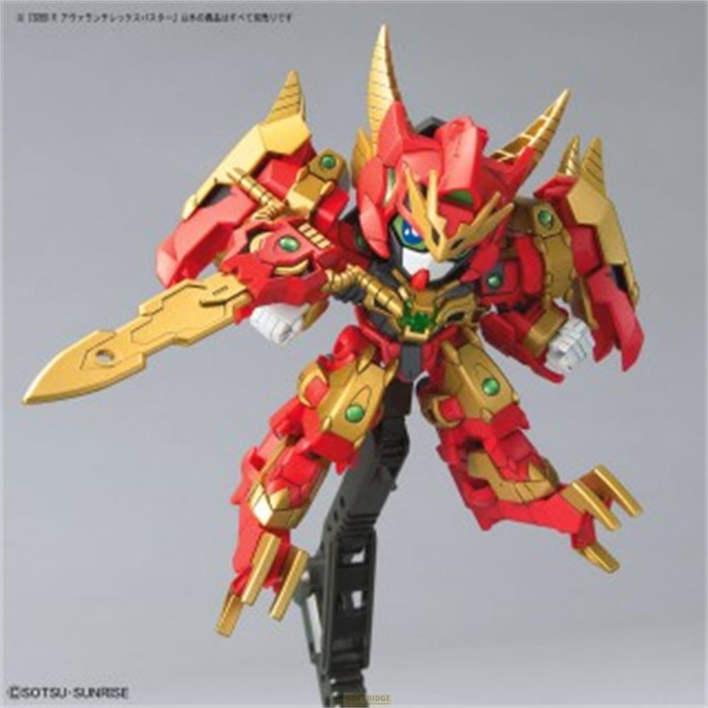 Ein roter und goldener Mech mit einem Schwert, auf einem schwarzen Ständer.