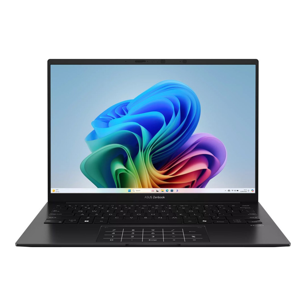 Czarny laptop Asus Zenbook z kolorową, abstrakcyjną tapetą.