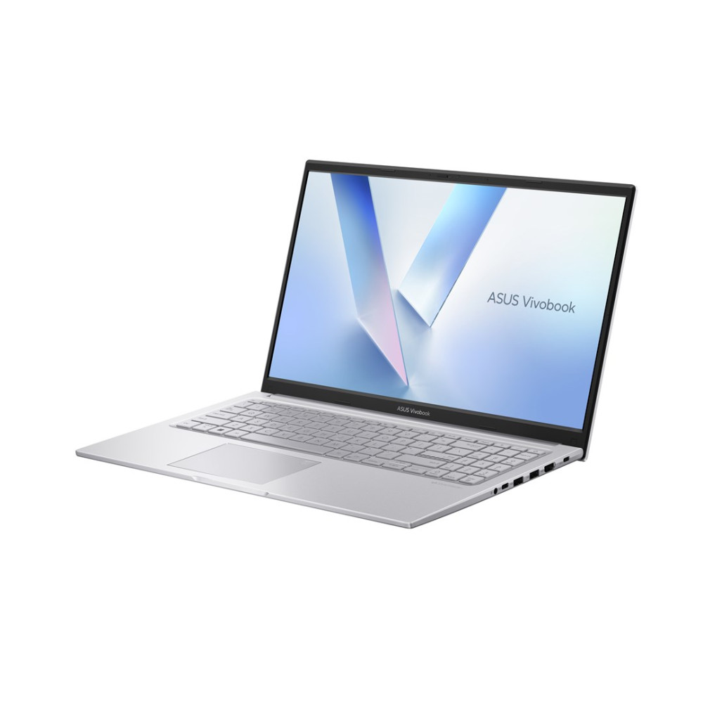 Srebrny laptop Asus Vivobook, otwarty na białym tle.