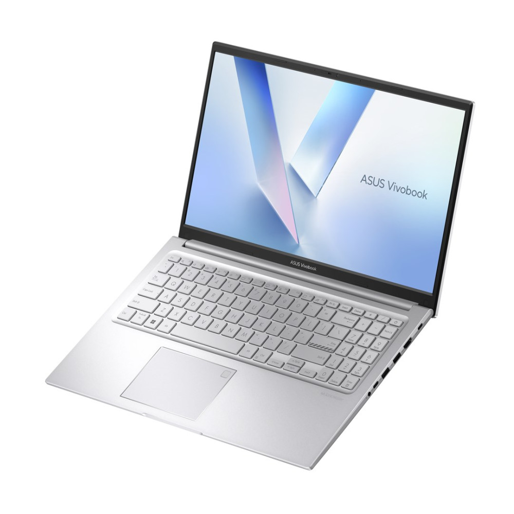 Srebrny laptop Asus Vivobook z klawiaturą i touchpadem, na białym tle.