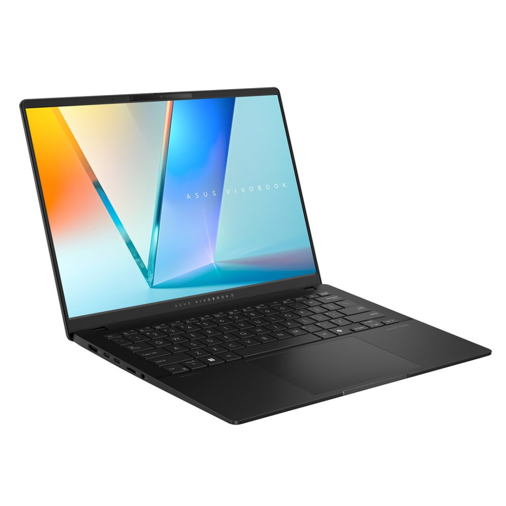 Czarny laptop Asus Vivobook z kolorową tapetą na ekranie.