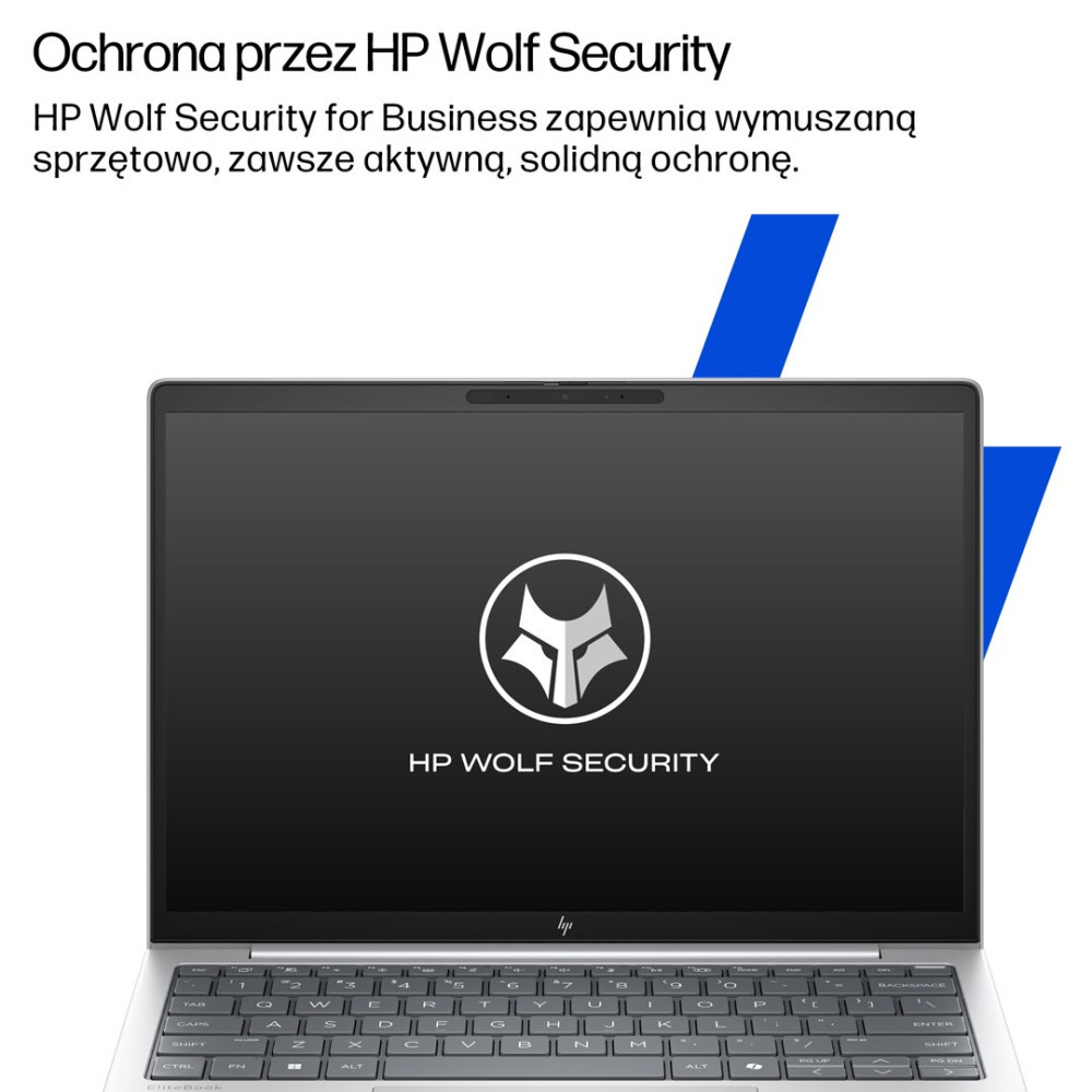 Un portátil muestra el logo de HP Wolf Security. Acentos azules al fondo.