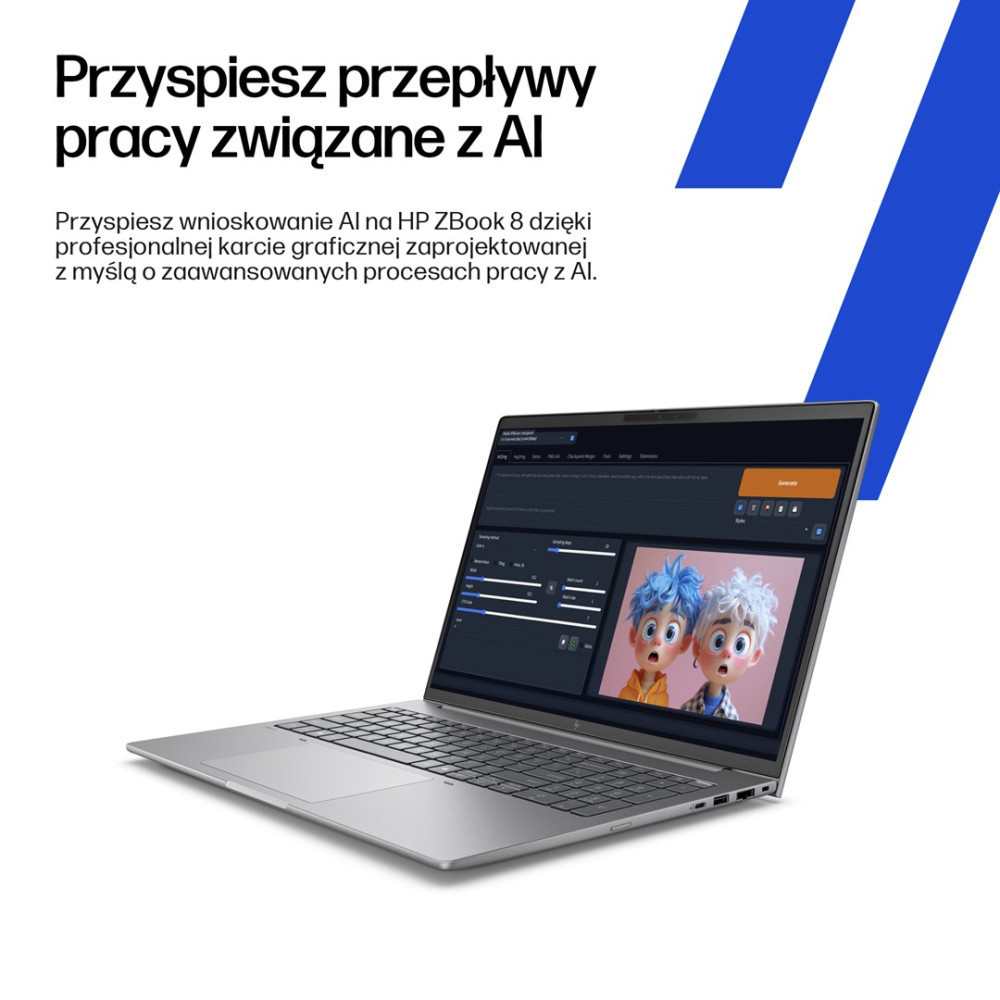 Srebrny laptop z oprogramowaniem i dwoma postaciami. Tekst u góry.