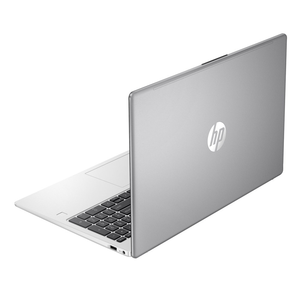 Srebrny laptop HP z podświetlaną klawiaturą i logo na białym tle.