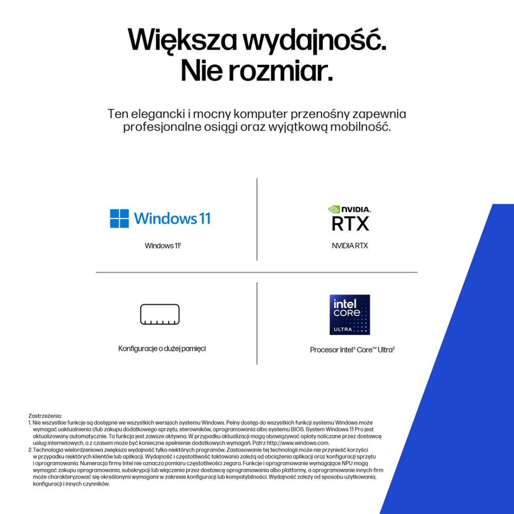 Loga Windows 11, NVIDIA RTX i procesorów Intel Core Ultra.