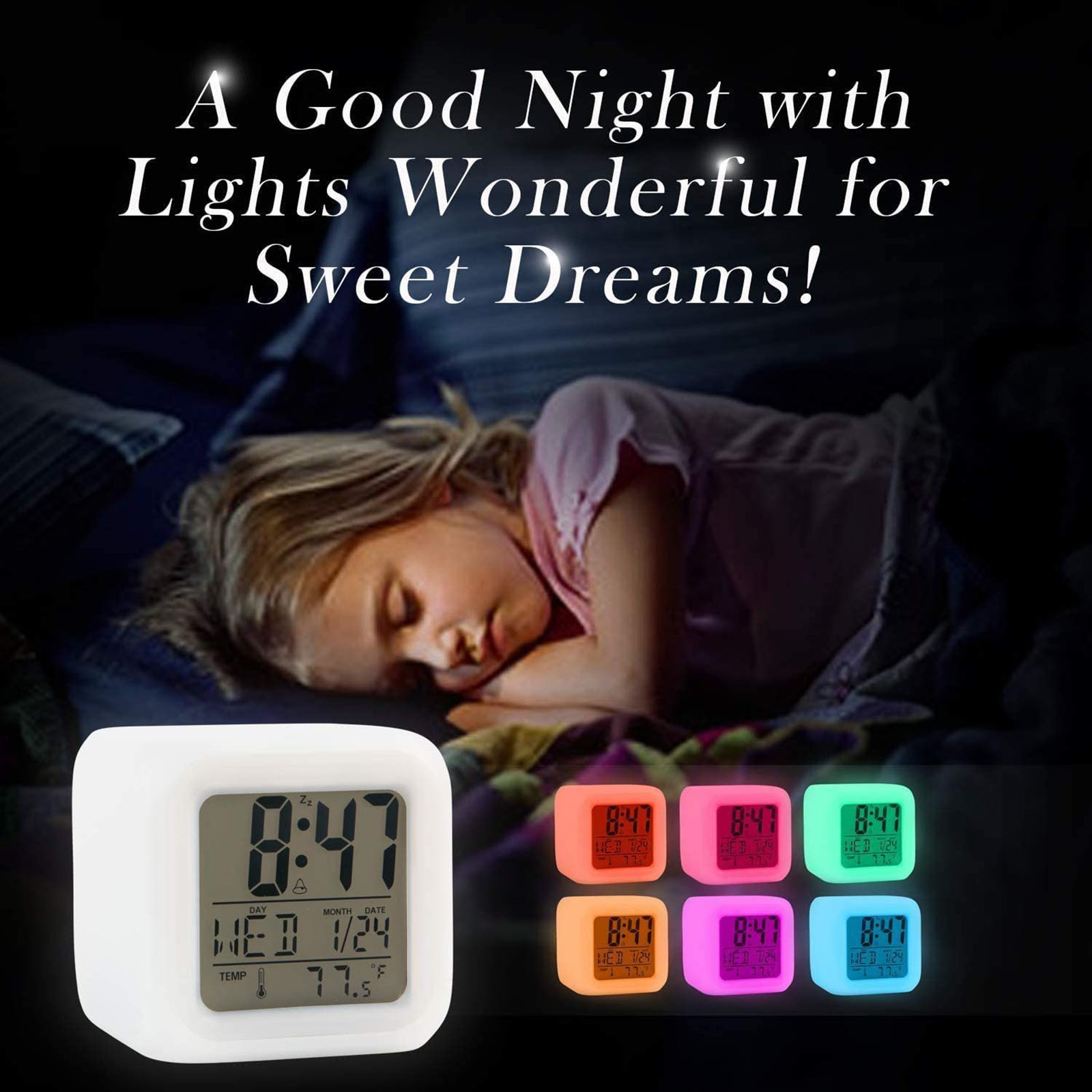 Ein Mädchen schläft friedlich im Bett, mit einem weißen digitalen Wecker, der 8:47 und 77,5°F anzeigt, und sechs bunten Uhren darunter.
