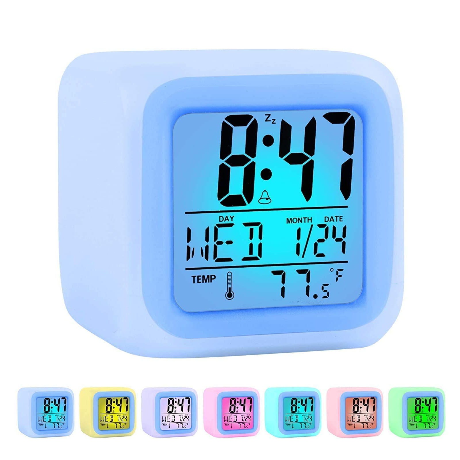 Ein leuchtender digitaler Wecker zeigt 8:47 Uhr, Mittwoch, 24. Januar, 77,5°F an.