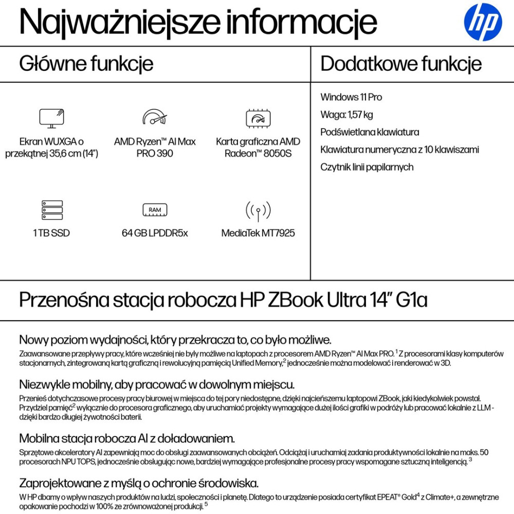 HP ZBook Ultra 14" G1a: WUXGA 14", Ryzen Al Max PRO 390, Radeon 8050S, 1TB SSD, 64GB RAM.