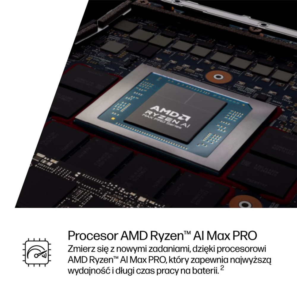 Procesor AMD Ryzen AI Max PRO na płycie głównej z układami pamięci.