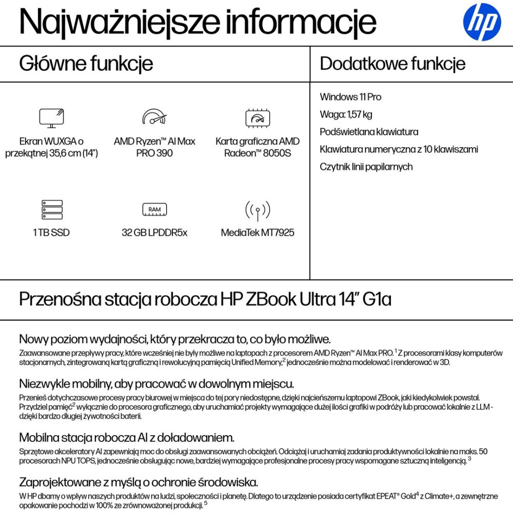 Laptop HP z ekranem WUXGA 14", Ryzen AI Max PRO 390, Radeon 8050S, 1TB SSD, 32GB RAM.