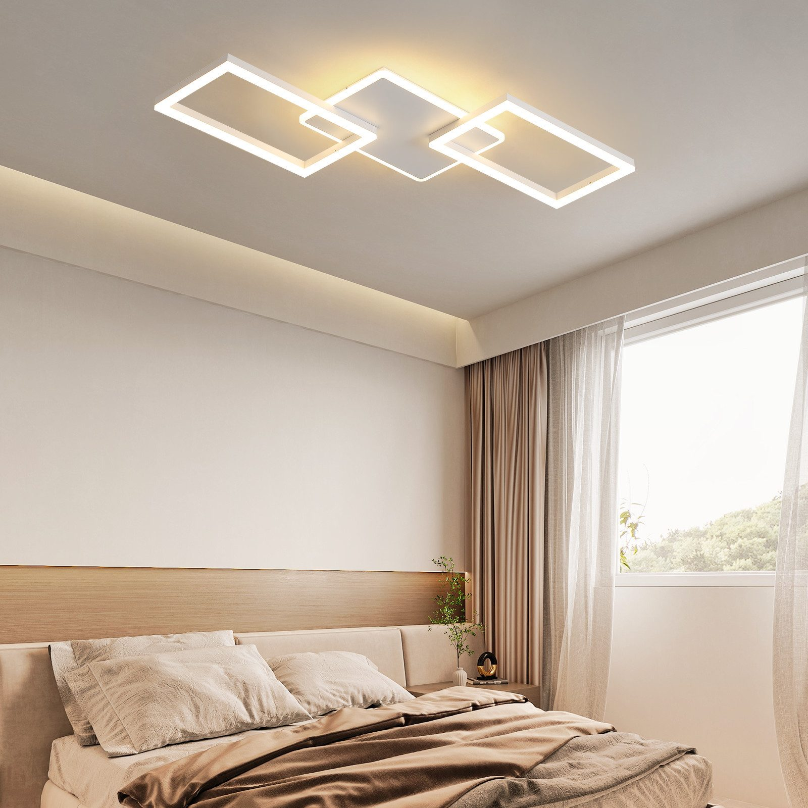 Camera da letto moderna con plafoniera rettangolare, letto e finestra.