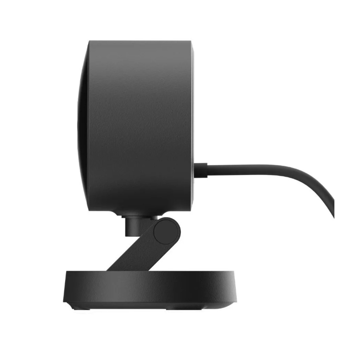 Schwarze Webcam mit Kabel und verstellbarem Ständer auf weißem Hintergrund.