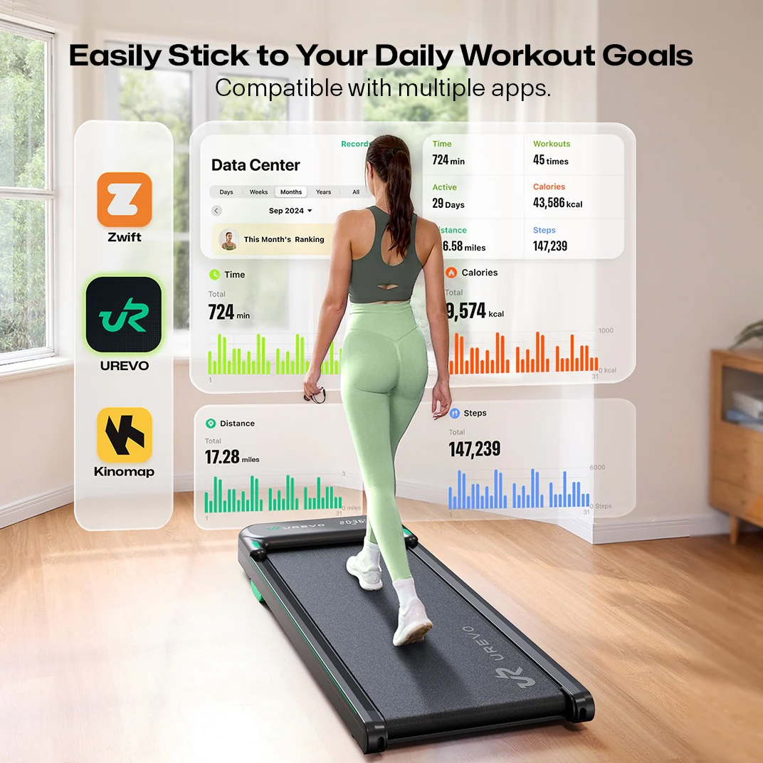 Kobieta na bieżni z danymi aplikacji fitness. Aplikacje: Zwift, UREVO, Kinomap.