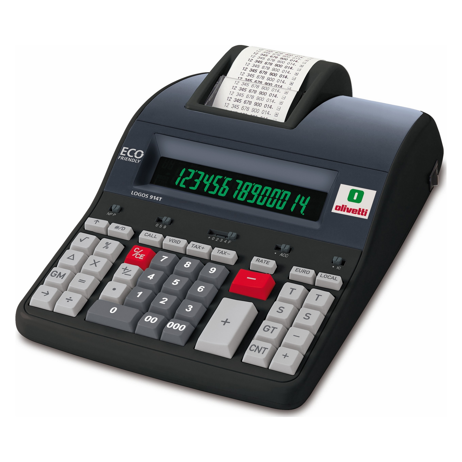 Una calcolatrice stampante Olivetti nera con display verde e rotolo di carta.