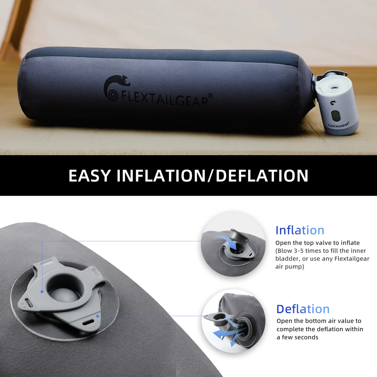 Graue Luftmatratze mit integrierter Pumpe und Anleitung zur Inflation/Deflation.