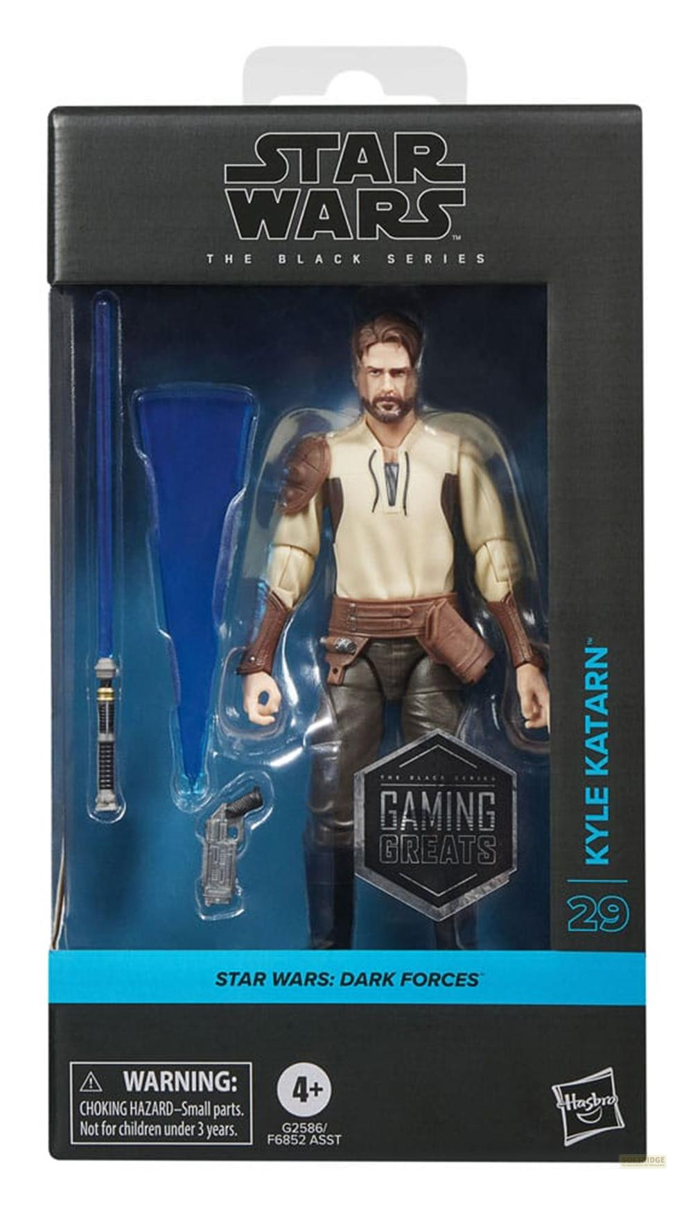 Figura de acción Star Wars Black Series de Kyle Katarn con sable de luz y bláster.