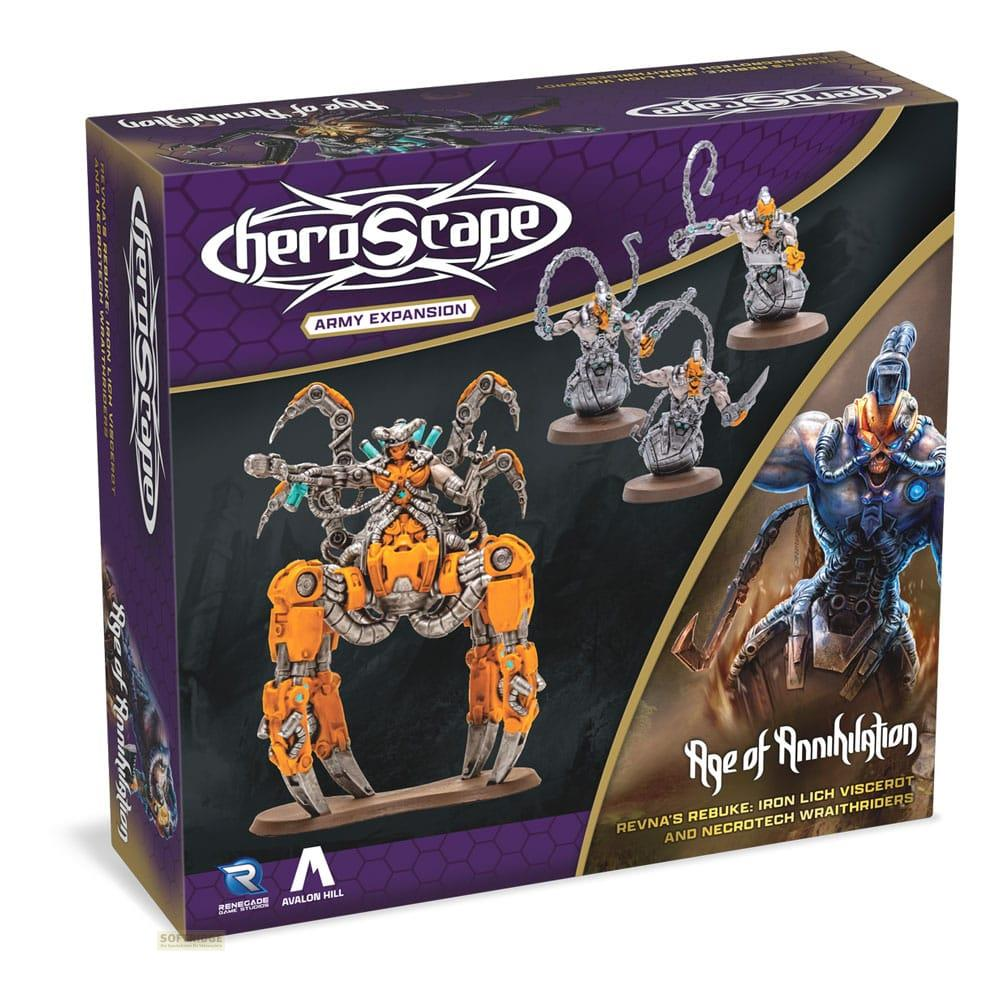 Pudełko rozszerzenia armii Heroscape z miniaturami sci-fi: pomarańczowy pająk, niebiescy wojownicy i szkielety.