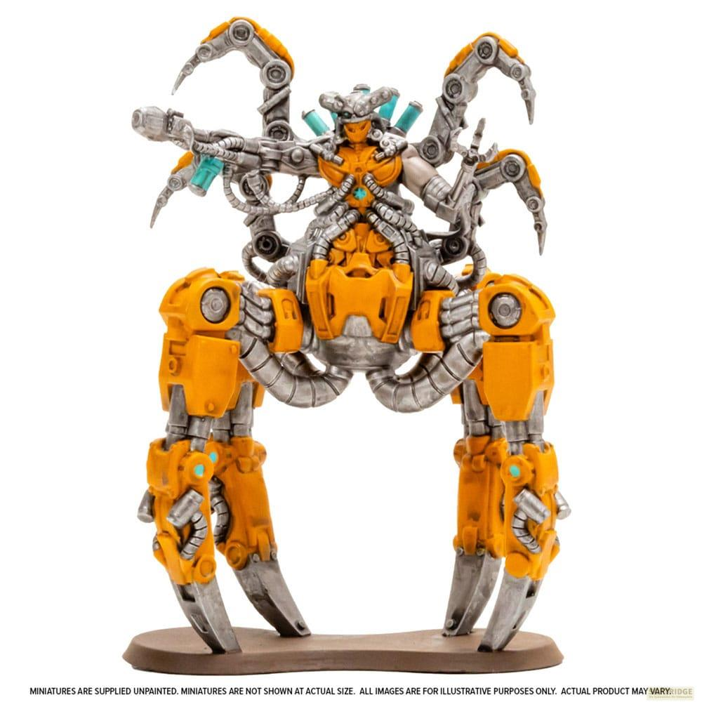 Żółty i srebrny robot science-fiction z wieloma ramionami i nogami na brązowej podstawie.