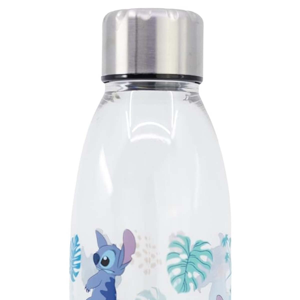 Nahaufnahme einer durchsichtigen Flasche mit Stitch-Aufdruck und silbernem Deckel.