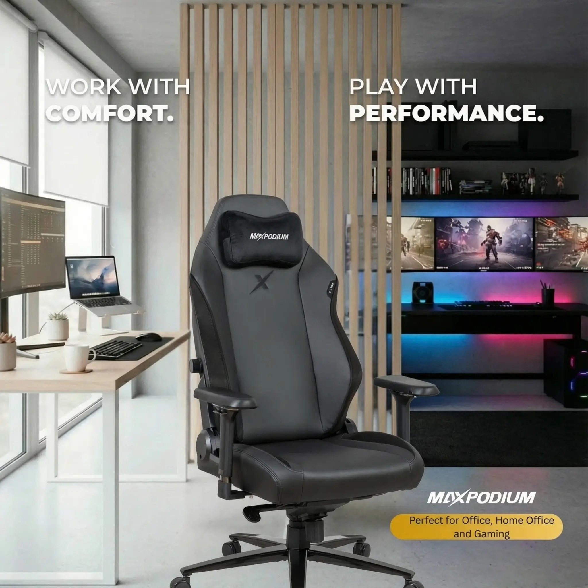 Schwarzer Gaming-Stuhl im Büro mit Computern, Monitoren und Spielen.