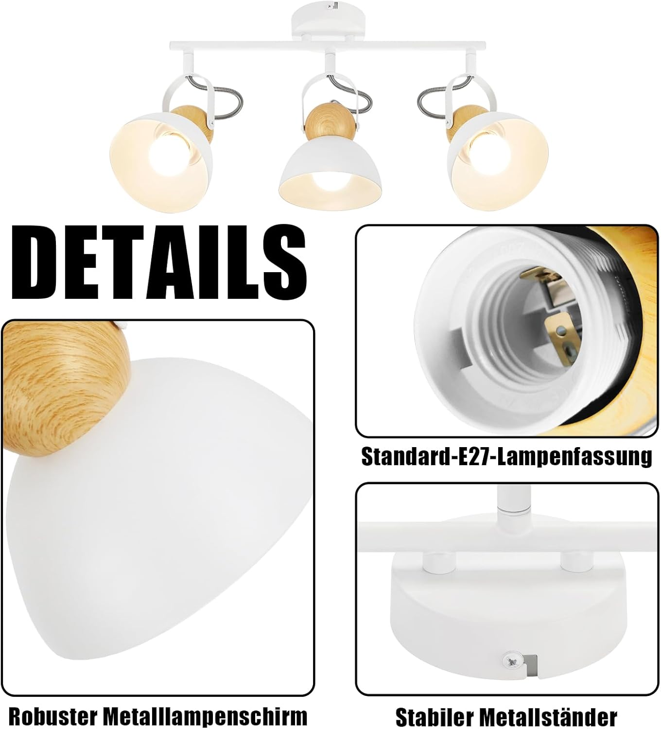 Lampa sufitowa z trzema regulowanymi białymi kloszami i drewnianymi akcentami.